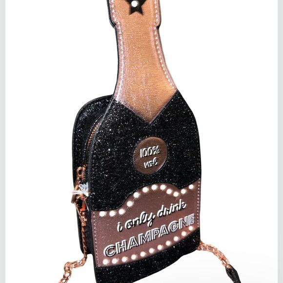 BLACK GLITTER & ROSE GOLD “I ONLY DRINK CHAMPAGNE” BOTTLE CROSSBODY PURSE NWOT - Picture 6 of 16